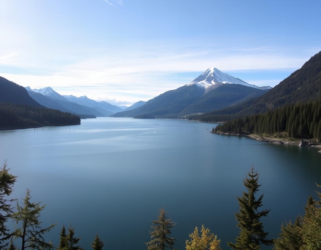 a lake with a mountain in the background and a mountain in the background