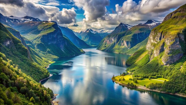 Photo a lake with a mountain in the background and a mountain in the background