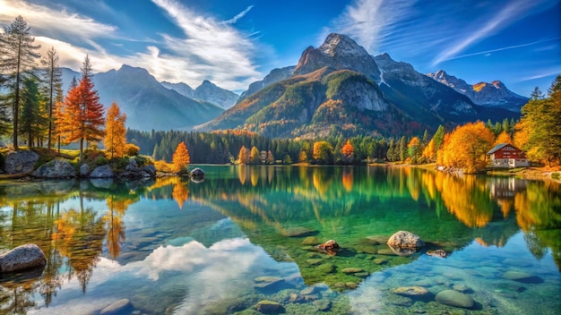 a lake with a mountain in the background and a mountain in the background