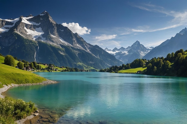 Photo a lake with a mountain in the background and a mountain in the background