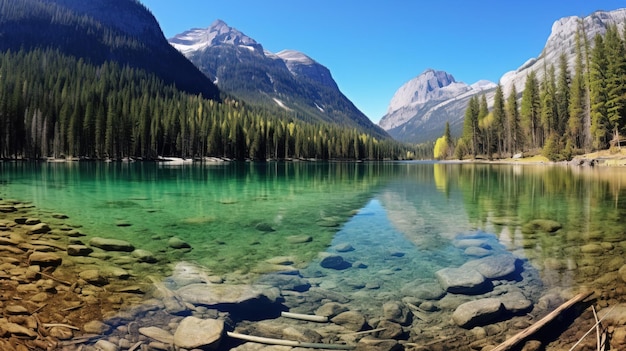 a lake with a mountain in the background and a mountain in the background