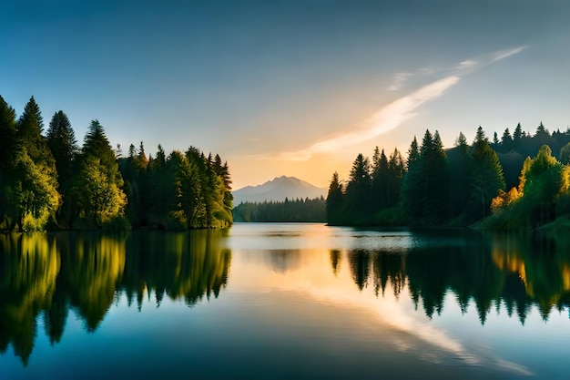 a lake with a mountain in the background and a mountain in the background.