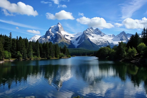 Photo a lake with a mountain in the background and a mountain in the background