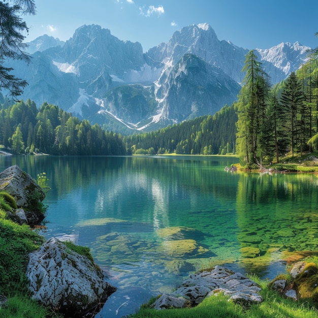 Photo a lake with a mountain in the background and a mountain in the background