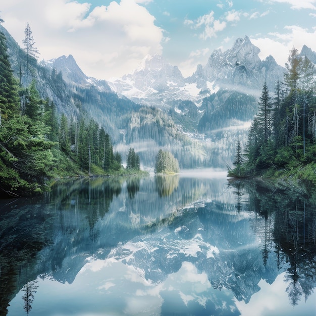 a lake with a mountain in the background and a reflection of a mountain in the water