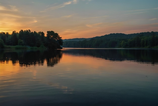 a lake with a mountain in the background and a sunset in the background