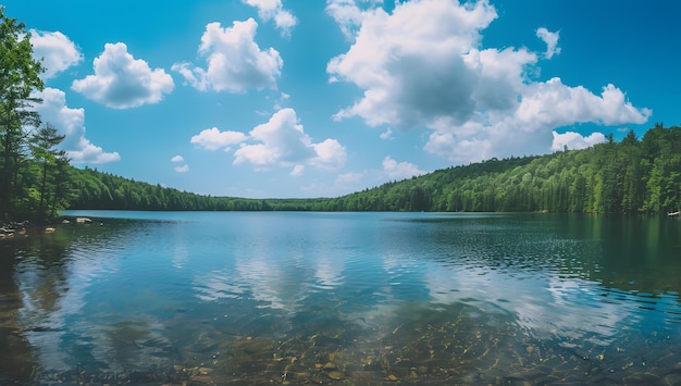 a lake with a mountain in the background and the water is blue and white