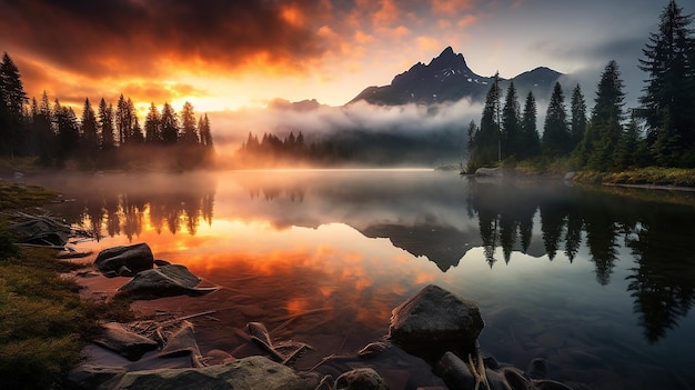 A lake with a mountain in the background