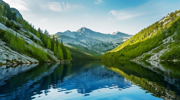 Photo a lake with a mountain in the background