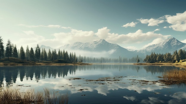 a lake with a mountain in the background.