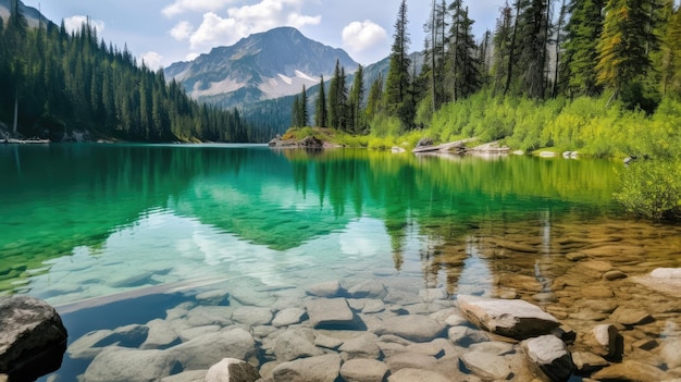 A lake with a mountain in the background