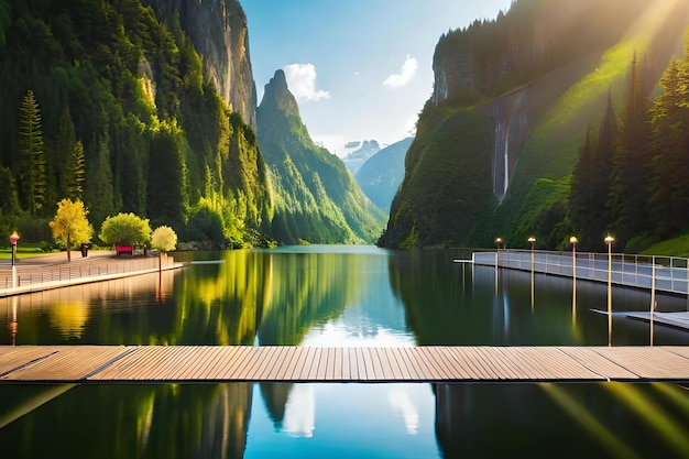 A lake with a mountain in the background