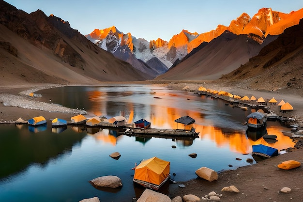 A lake with a mountain in the background