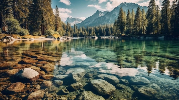 A lake with a mountain in the background