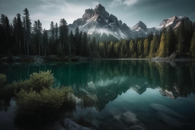 A lake with a mountain in the background