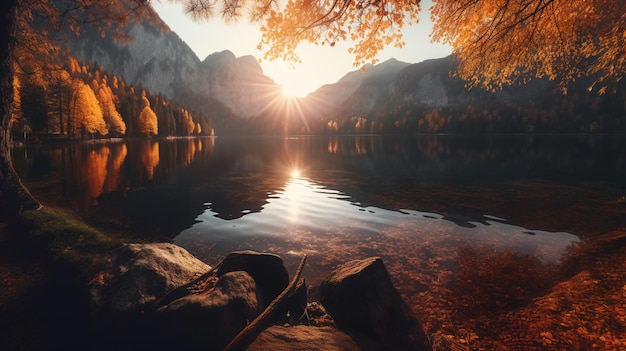 A lake with a mountain in the background