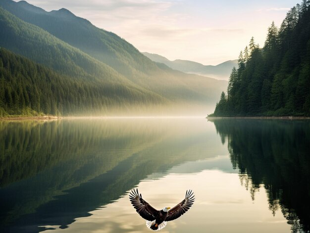 A lake with a mountain and a bird with the word eagle on it