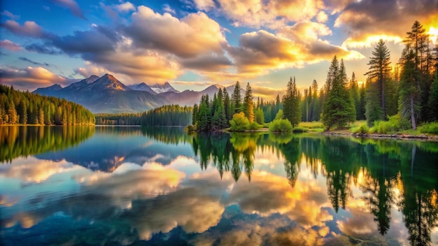 a lake with a mountain and clouds in the background