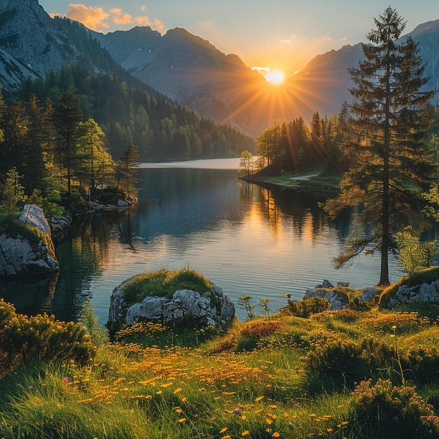 Photo a lake with a mountain and a mountain in the background