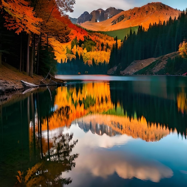 A lake with a mountain and trees in the background.