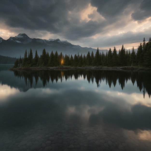 A lake with a mountain and trees in the background.