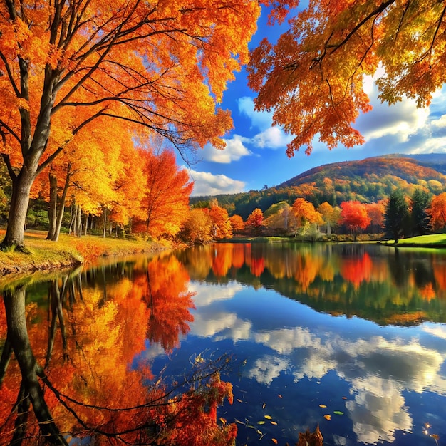 Photo a lake with a mountain and trees with a sky background