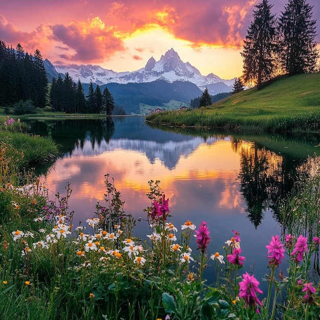 Photo a lake with mountains in the background and flowers in the foreground