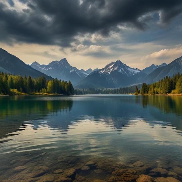 a lake with mountains in the background and a mountain in the background