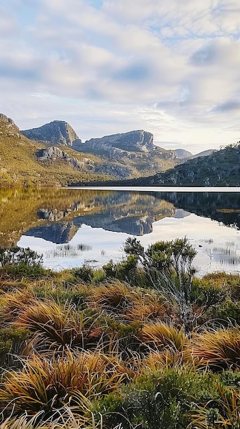 a lake with mountains in the background