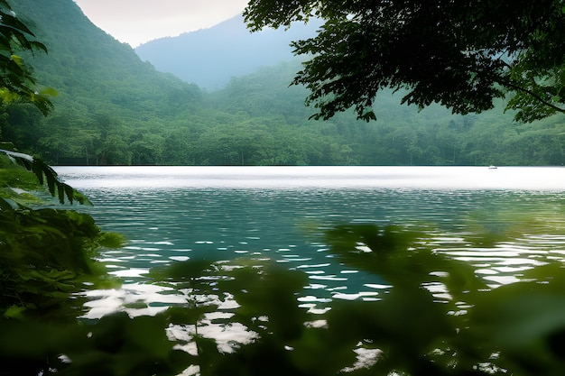 A lake with mountains in the background