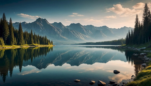 Photo a lake with mountains in the background