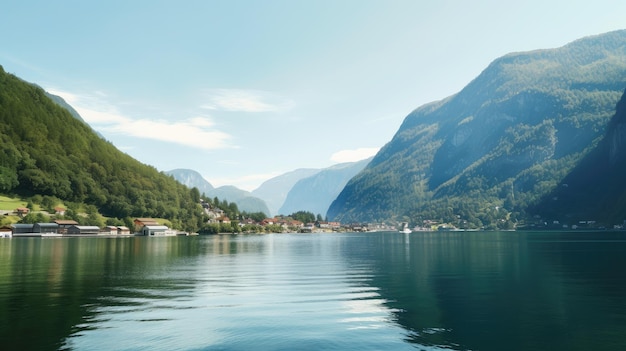 A lake with mountains in the background