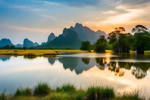 A lake with mountains in the background