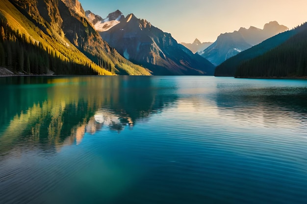 A lake with mountains in the background