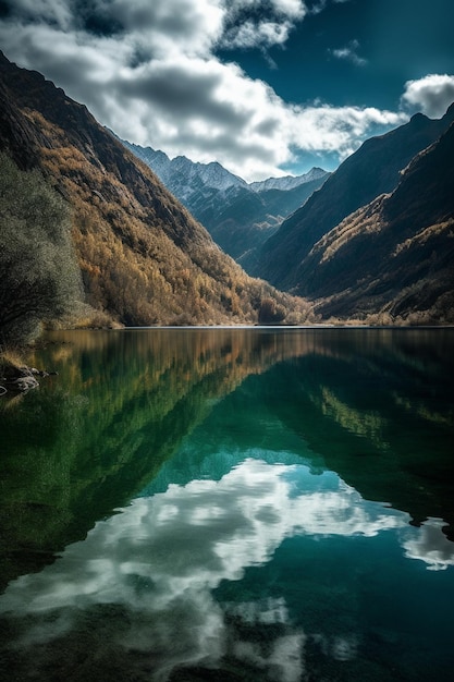 A lake with mountains in the background