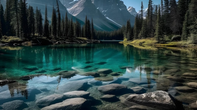 A lake with mountains in the background