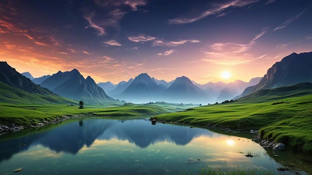 Photo a lake with mountains in the background