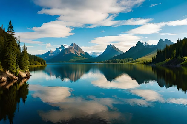 A lake with mountains and clouds in the sky