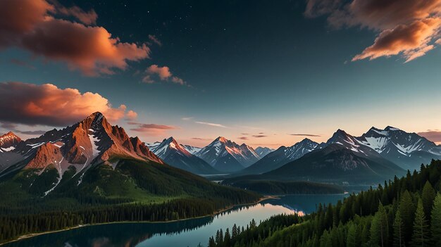 a lake with mountains and a sunset in the background