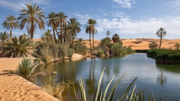 Photo a lake with palm trees and a palm tree in the background