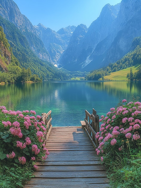 Photo a lake with pink flowers and a wooden walkway