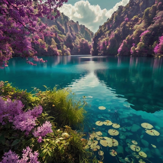 a lake with purple flowers and the water in the foreground