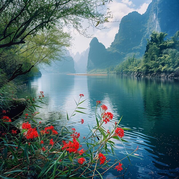 a lake with red flowers and a mountain in the background