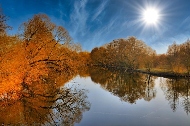 The lake with red trees without leaves in spring in Aue Park in