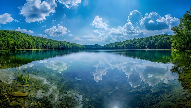 a lake with a reflection of a mountain and trees in the water