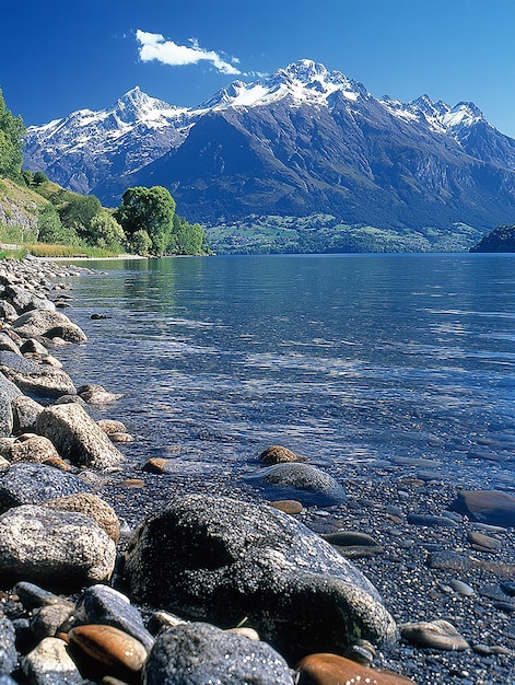 a lake with rocks and a mountain in the background