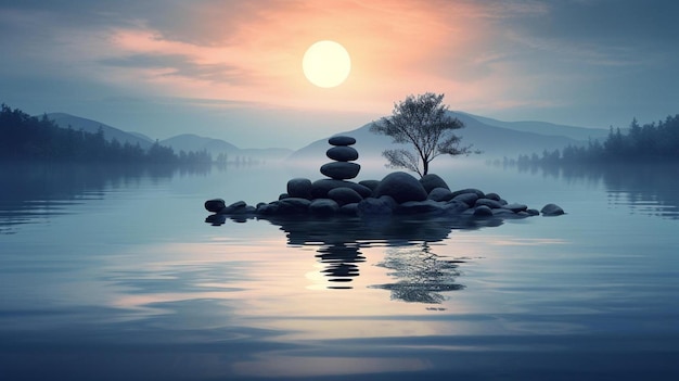 a lake with rocks and a tree in the middle of it