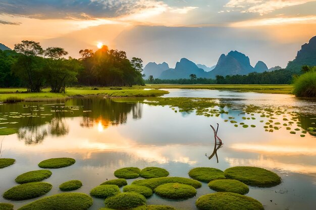 Photo a lake with rocks and trees in the background