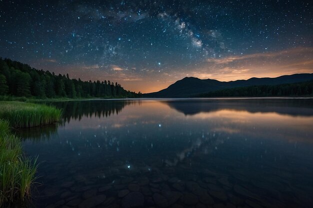 A lake with a starry night backdrop and still waters