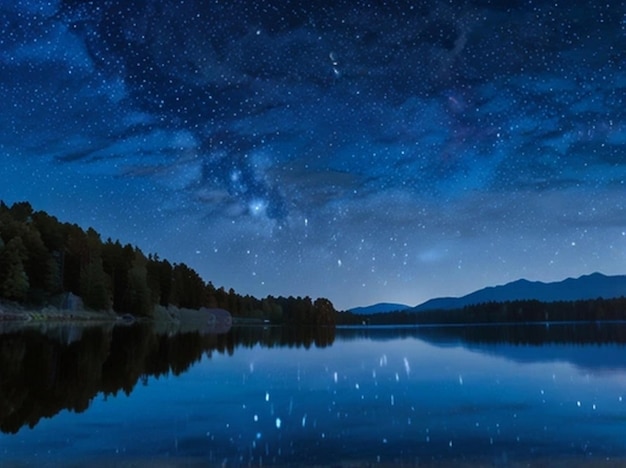 a lake with a starry sky and a mountain in the background